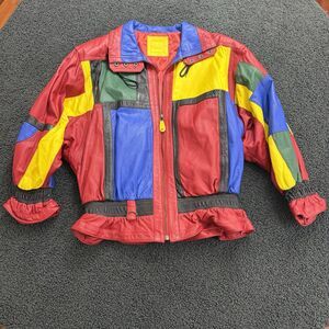 Vintage Mixed Blues Leather Jacket Woman Small Color Block 80s 90s Retro Bold